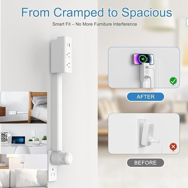 Extendable Rotating Outlet Extender – Adjustable Power Strip with USB-C, USB-A & 2 AC Outlets