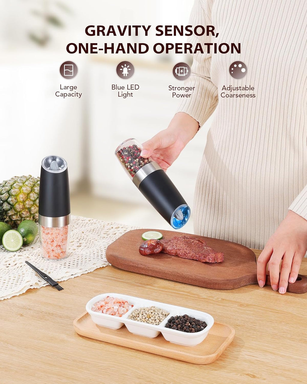 Electric Salt & Pepper Grinder Set – Gravity Automatic Mill with LED Light