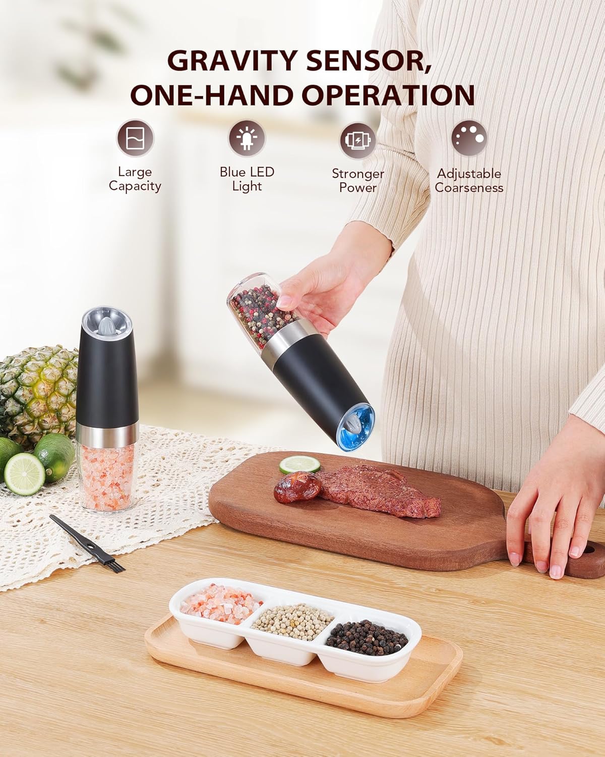 Electric Salt & Pepper Grinder Set – Gravity Automatic Mill with LED Light