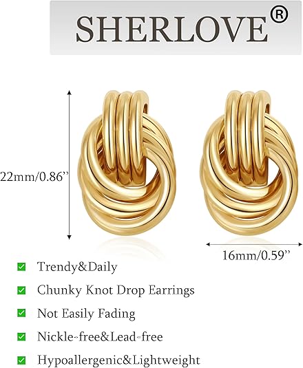 Gold Plated Knot Earrings – Chunky Statement Drop Dangle Jewelry