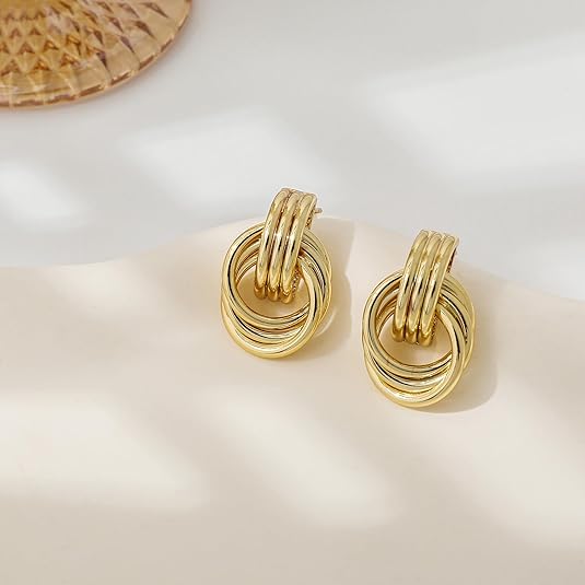 Gold Plated Knot Earrings – Chunky Statement Drop Dangle Jewelry