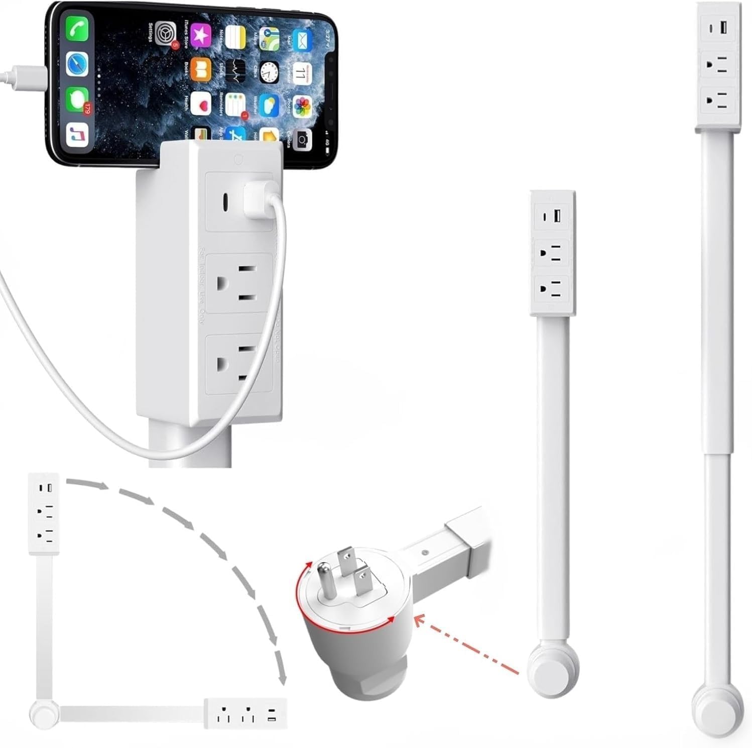 Extendable Rotating Outlet Extender – Adjustable Power Strip with USB-C, USB-A & 2 AC Outlets