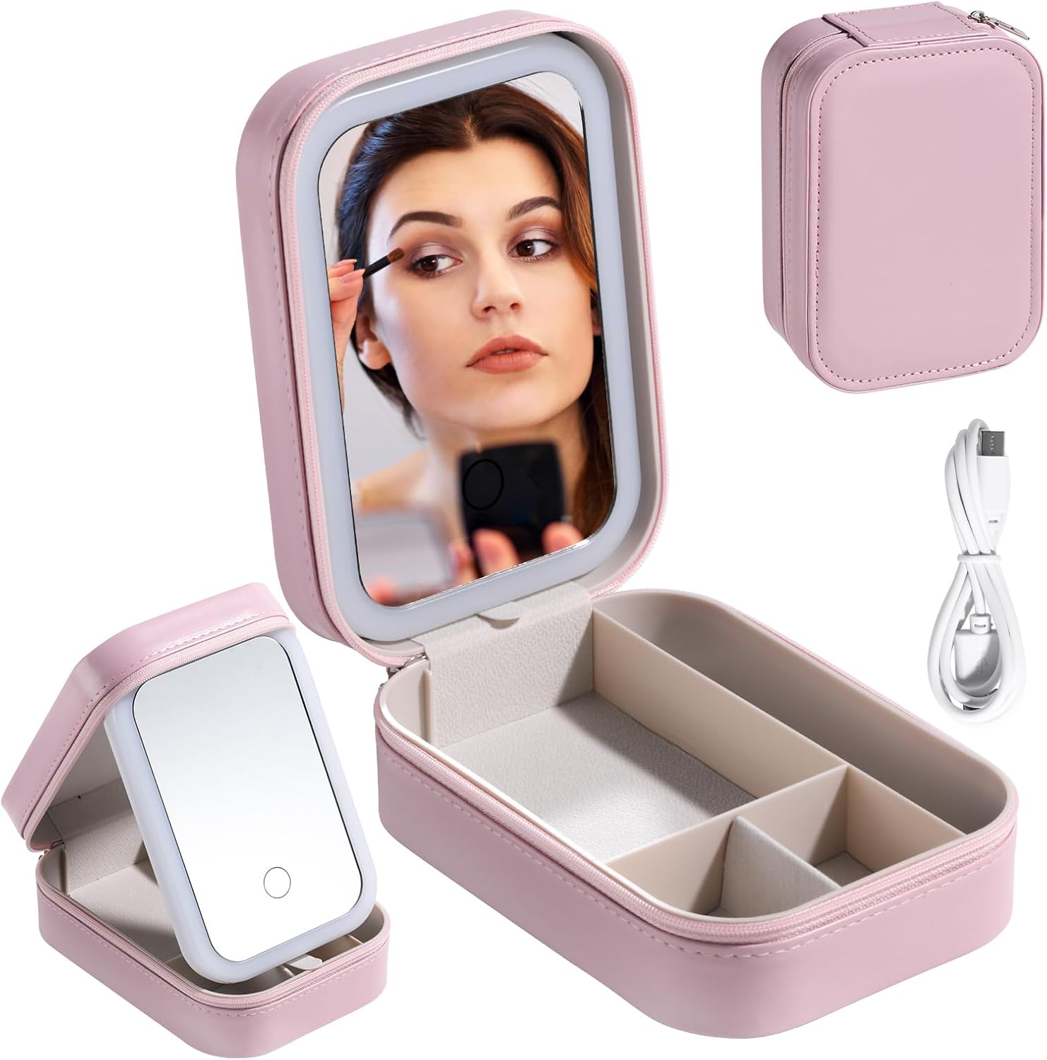 LED Makeup Mirror Travel Case – Portable Cosmetic Storage Organizer with Light (Rose Red)