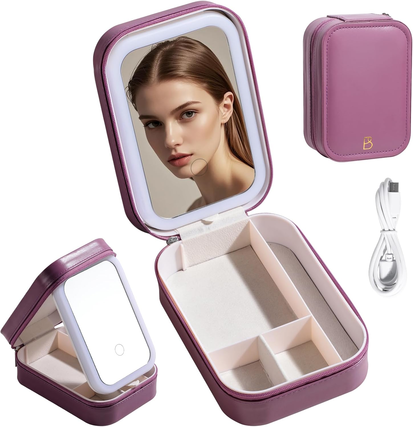 LED Makeup Mirror Travel Case – Portable Cosmetic Storage Organizer with Light (Rose Red)