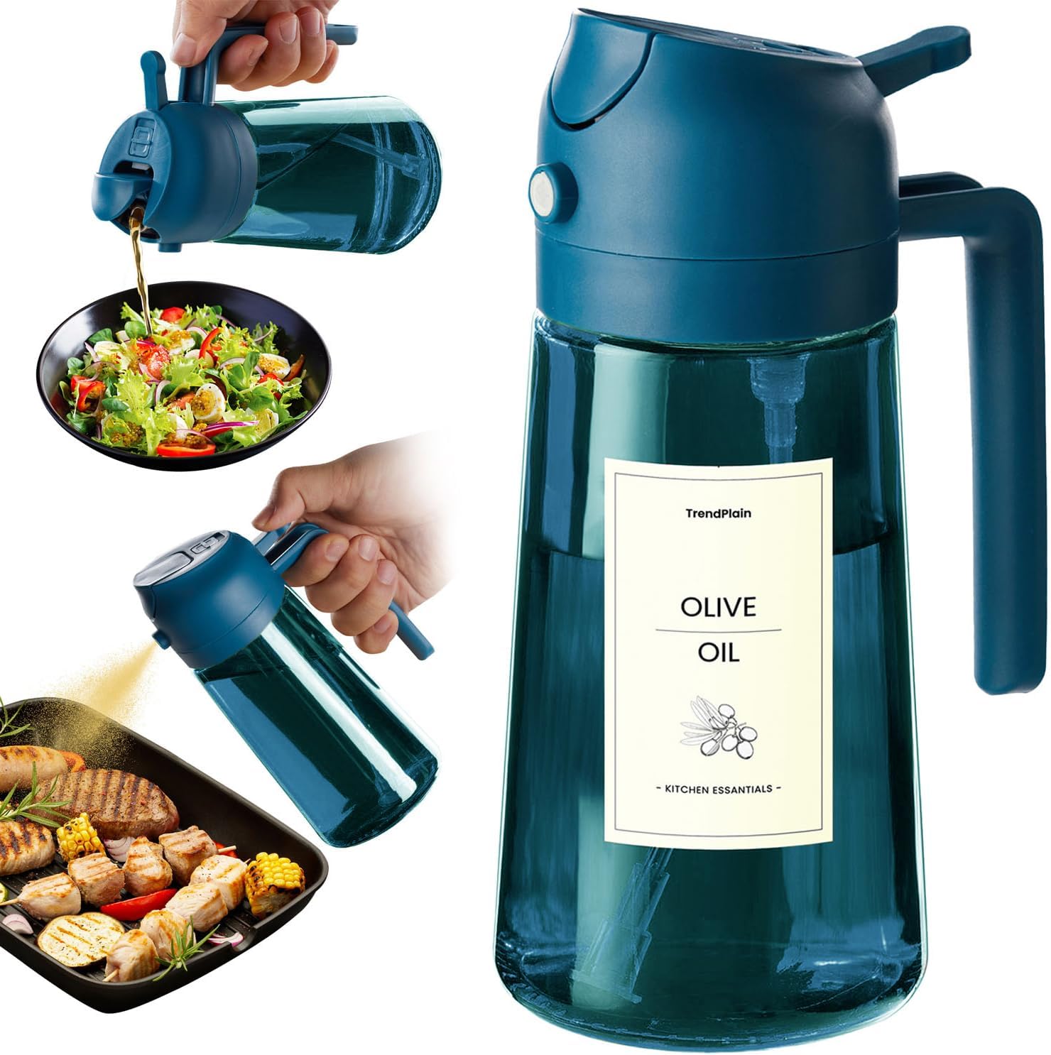 Olive Oil Sprayer 16oz – Blue Glass Cooking Oil Dispenser for Kitchen